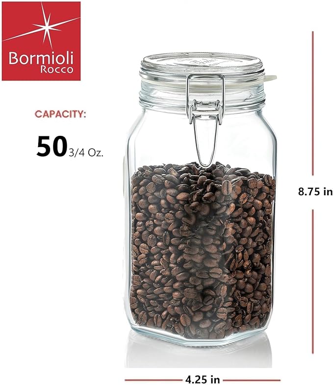 Bormioli Rocco Fido Glass Jars - 50.75 oz Large Airtight Container with Clamp Lids & Rubber Seals, BPA-Free Glass Canisters for Pantry Display, Decorative Kitchen Storage, Events & Weddings (Set of 2)