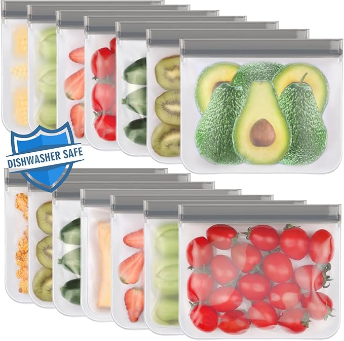 Lerine 14 Pack Reusable Sandwich Bags Dishwasher Safe, BPA Free Food Storag Bags, Extra Thick Leakproof Reusable Quart Freezer Bags for Cereal, Lunch, Vegetables, Fruits