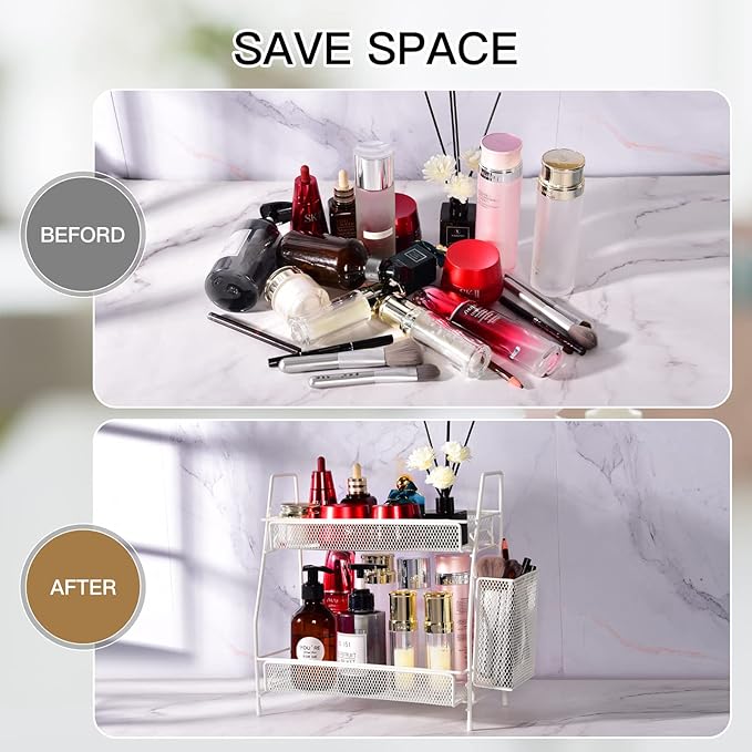 LEMIKKLE Countertop organizer for bathroom counter, bathroom organizers and storage, spice rack organizer for kitchen counter shelf with small basket(White)
