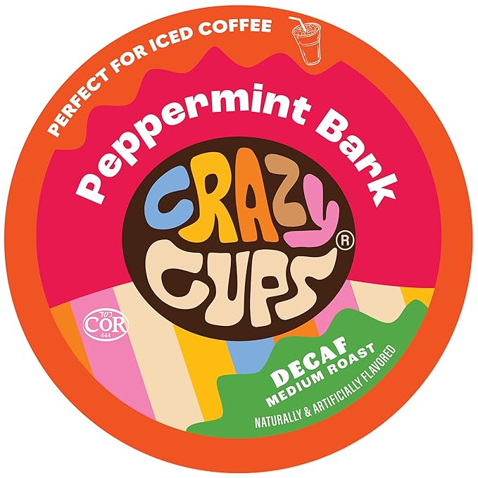 Crazy Cups Decaf Peppermint Bark Flavored Coffee pods, Holiday Single-Serve Medium Roast Coffee Cups for Keurig K-Cup Machines, Hot or Iced(Pack of 1, 22 Count Total)