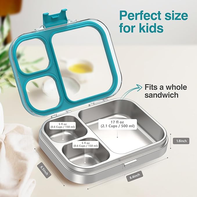 Stainless Steel Lunch Box, 3 Compartments Metal Bento Box for Kids Adults, Leak-Proof Lunch Box for School Office, Dishwasher Safe, BPA-Free, Tritan Lid, Blue