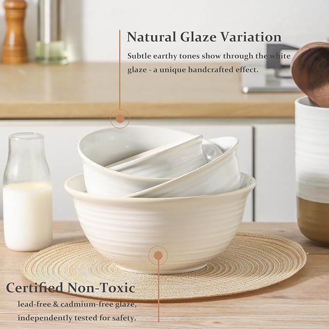 Hasense Mixing Bowls, Ceramic Serving Dishes for Cooking, Baking, Prepping, Nesting Bowls for Salads, Fruit, Popcorn, 2.1/1.5/1.0 Qt, Dishwasher & Microwave Safe, Clay-Infused White