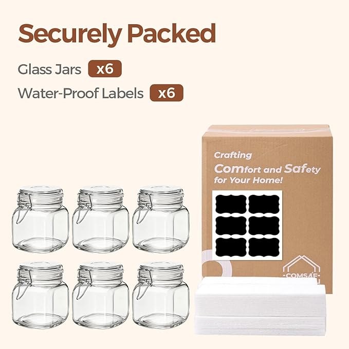 ComSaf 25oz Airtight Glass Canisters with Lids Set of 6, Square Food Storage Jar Container with Clamp Lids for Kitchen Canning Cereal Coffee Pasta Sugar Beans Spice, Clear Mason Jars with 12 Labels