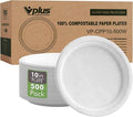 Vplus 500 Pack Compostable Disposable Paper Plates 10.25 inch Super Strong Paper Plates 100% Bagasse Natural Biodegradable Eco-Friendly Sugarcane (white)
