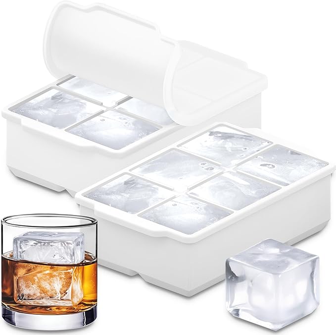 KitchFort Large Silicone Ice Cube Tray (2-Pack), Easy Release 2" Big Ice Cubes - Cocktail, Whiskey Ice Cubes Mold - Ice Trays for Freezer with Lid - Stackable Silicone Ice Tray - White