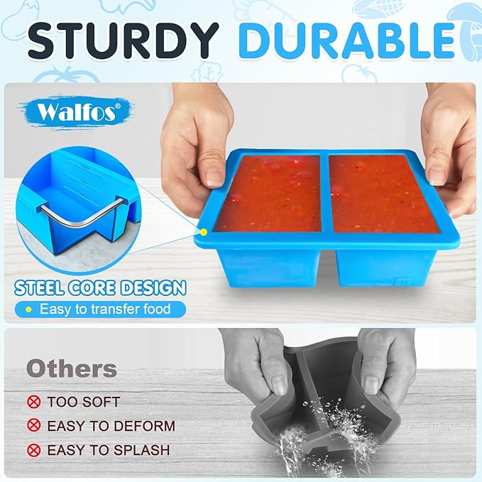 Walfos Silicone Soup Freezer Container, 1.5-Cup Soup Freezer Cube Tray with Lid Prevents Freezer.Soup Freezer Molds.BPA FREE and Dishwasher Safe.Silicone Mold for Soup and Food Storage -blue- 3-Pack