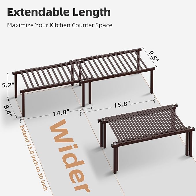 STORAGE MANIAC Set of 4 Expandable Kitchen Cabinet Organizer Shelf Kitchen Counter Shelves Spice Rack Kitchens Storage Wire Shelf Adjustable Metal Pantry Storage for Plate Dish, Brown