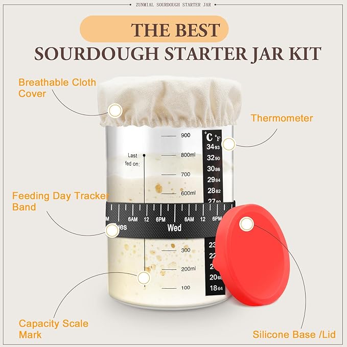 Sourdough Starter Jar, 35OZ Glass Sourdough Jars Wide Mouth With Red Silicone Cap, Sourdough Starter Kit with Date Marked Feeding Band, Thermometer, Cloth Cover