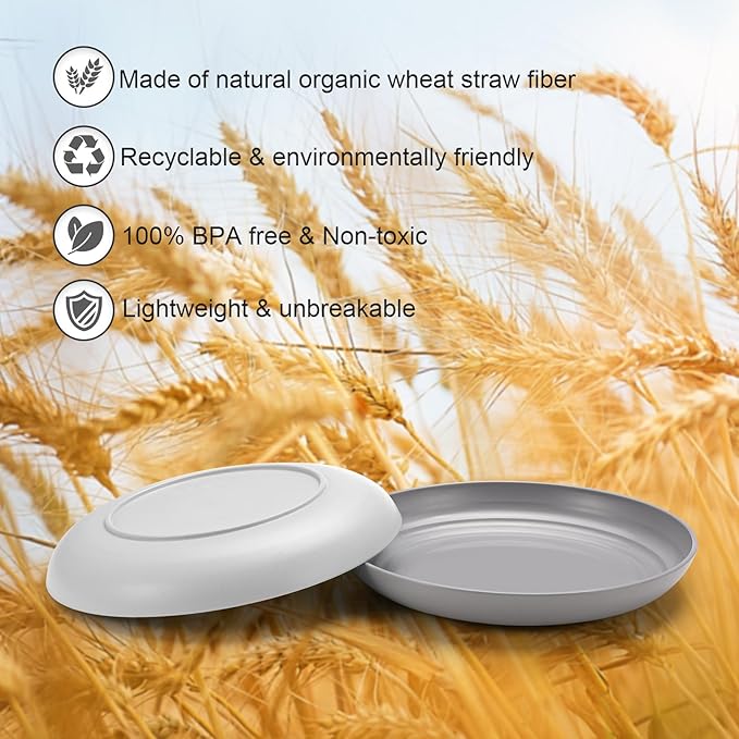 12 Pcs Unbreakable Deep Dessert Plates Set, 8 inch Reusable Plastic Wheat Straw Plates, Microwave and Dishwasher Safe Plate for Kitchen, Lightweight Plate for Dessert, BPA Free, White Gray