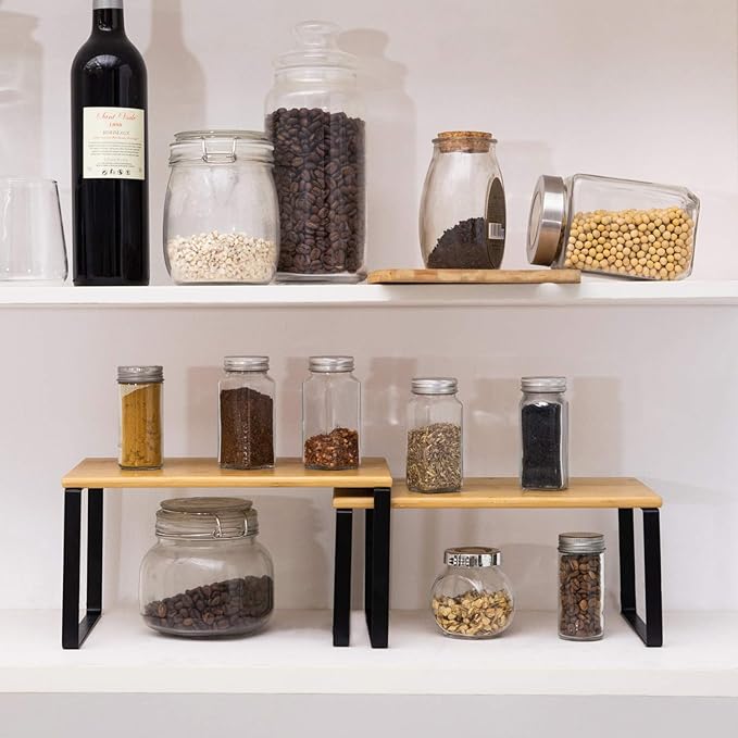 NEX Kitchen Cabinet and Counter Shelf Organizer, Stackable & Expandable, Black and Natural