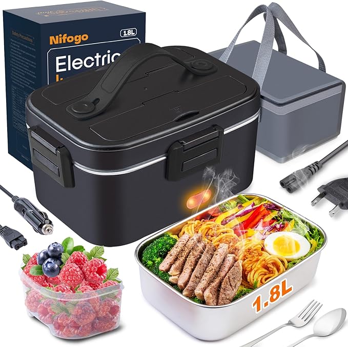 Nifogo Electric Lunch Box for Adults 80W Portable Heated Lunch Box for Men 3 in 1 Portable Food Warmer 110V/12V/24V with 1,8L Removable Stainless Steel Container & Bag(Black)