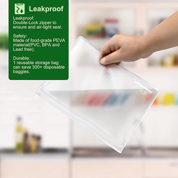 SPLF 8 Pack Dishwasher Safe Reusable Storage Bags (4 Half Gallon Freezer Bags, 4 Quart Sandwich Snack Bags), BPA FREE Stand Up Extra Thick Leakproof Silicone and Plastic Free Zipper Lunch Food Bags
