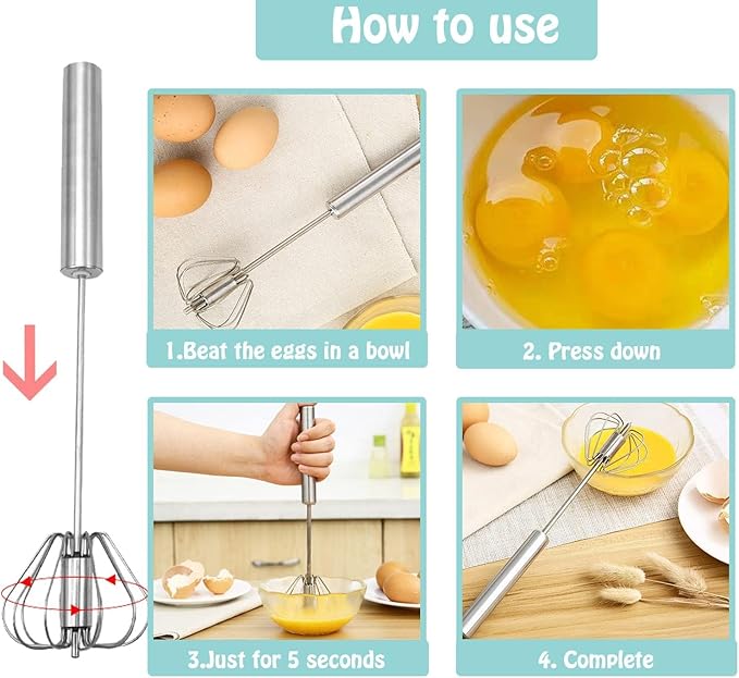 Semi-automatic Whisk, Stainless Steel Egg Beater, Hand Push Rotary Whisks Mixer Stirrer for Making Cream, Whisking, Beating and Stirring (12Inch)