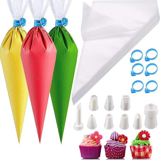 Piping Bags and Tips Set, 100Pcs 14 Inch Icing Bags, Pastry Bags Disposable for Cakes Decorating Tools Supplies with 1 Couplers, 8 Frosting Tips, 6Bag Ties