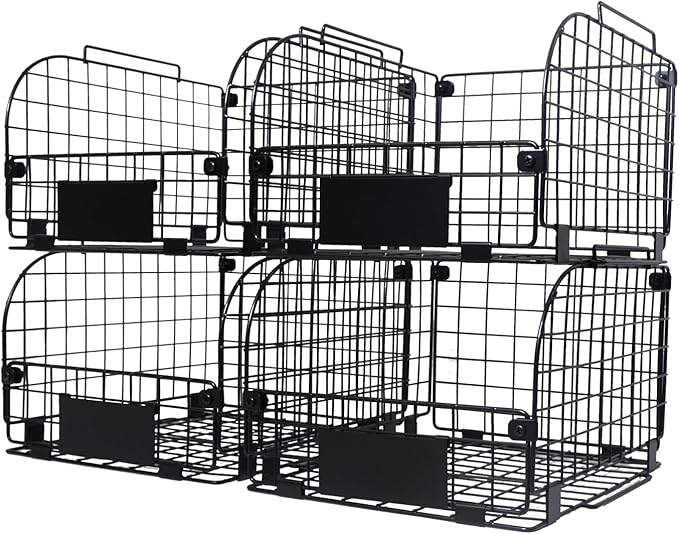 4 PACK Wire Stackable Baskets for Organizing,Fruit Basket for Kitchen,Pantry organizers and storage,12"x10.4"x7.8" Metal Baskets,Vegetable,Fruit,Snack,Onion,Potato,Can,K-Cup Organization,Black