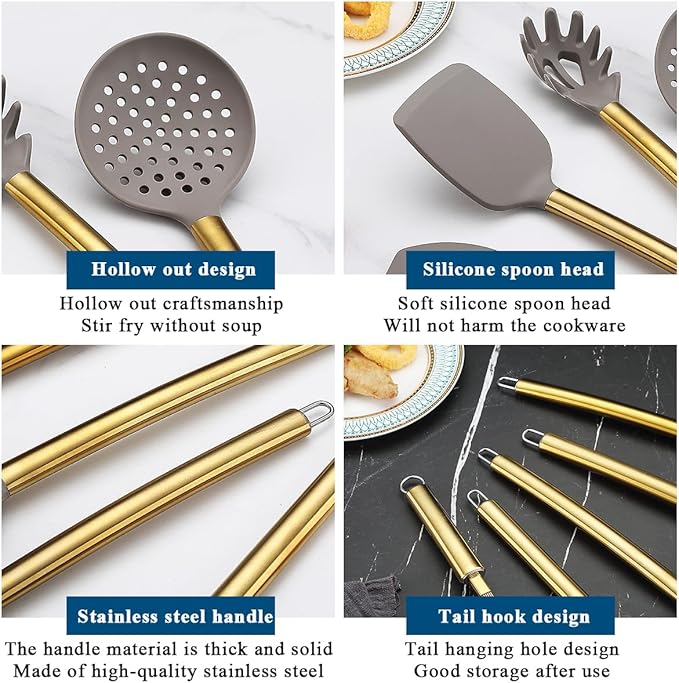 Gold Kitchen Utensils Set, Kyraton 38 Pieces Non-Stick Silicone Cooking Utensils Set, Spoon Spatula Set with Sturdy Stainless Steel Utensil Holder, Dishwasher Safe