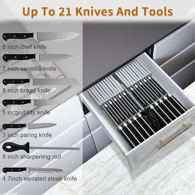 NIUXX Knife Drawer Organizer, Large Capacity In-Drawer Knife Block Set Holds 20 Knives and 1 Sharpening Steel (Not Included), Suitable for Knife Organizer for Kitchen Drawer