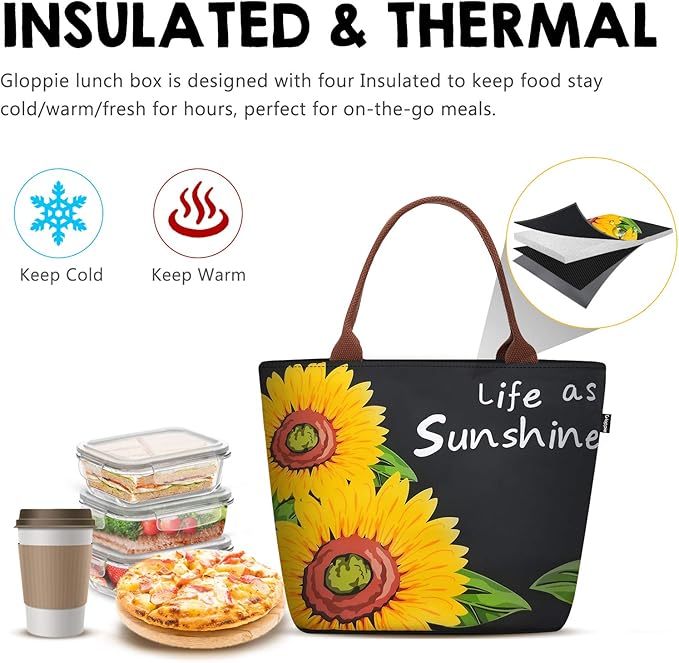 Gloppie Lunch Bag Women Insulated Lunch Box for Women Sunflower Lunch Tote Leakproof Cooler Purse for Work Loncheras para mujer 9L