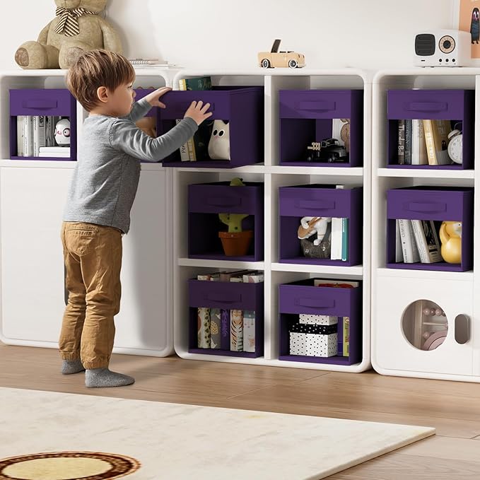 DIMJ Storage Cubes, Cube Storage Bin, 6 Pack Foldable Baskets with Window, Closet Storage Bins with Handle, 11x 11 inch Storage Cubes for Clothes, Toys, Books (Purple)