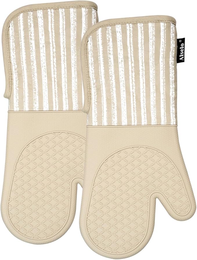 Silicone Oven Mitts Heat Resistant 932℉ with Waterproof & Non-Slip Kitchen Mittens, Set of 2 Extra Long Oven Gloves with Soft Cotton Terry Lining for Baking Cooking Barbecue (Khaki, 2)