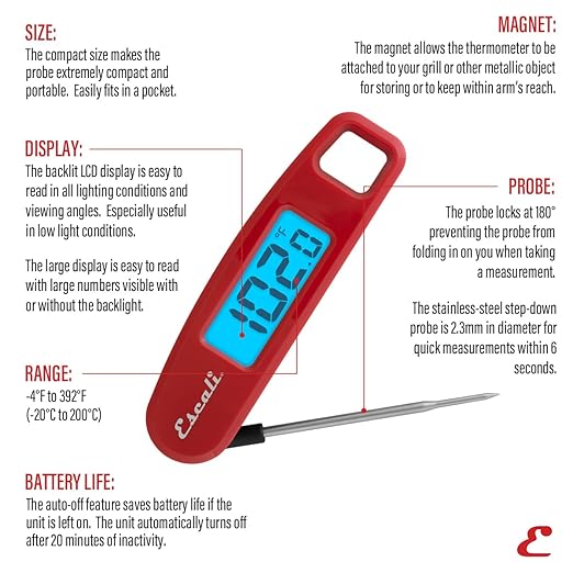 Escali Compact Portable Meat Candy Folding Digital Thermometer, Backlit Display Easy to Storage with Magnet, Red