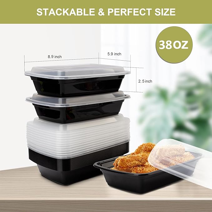 50 Pack- Meal Prep Containers 38oz, Plastic Food Prep Containers Reusable, Leakproof To Go Food Containers with Lids, BPA-Free, Microwave/Dishwasher/Freezer Safe