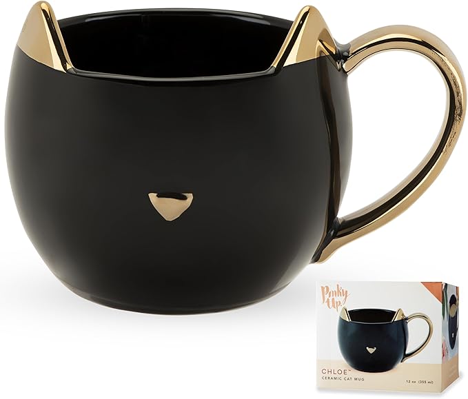 Pinky Up Chloe Black Cat Ceramic Coffee Mugs, Hot Tea Cups, Cute Travel Mug, Latte Cup, Drinking Glasses for Chocolate, Milk, Cocktails, Mocktails, Home Kitchen, 12 oz, Set of 1