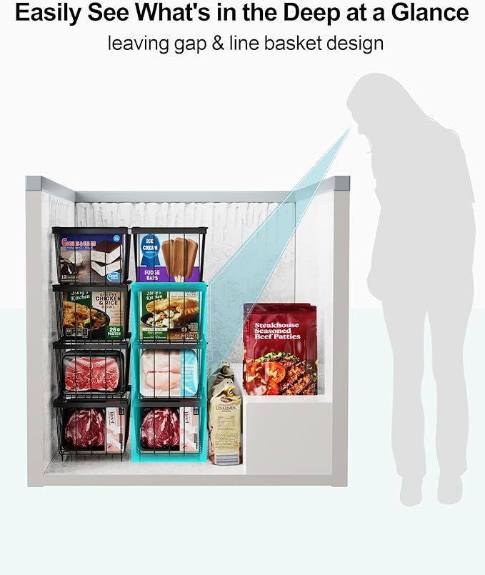 iSPECLE Freezer Storage Bins - 6 Pack Small Stackable Deep Freezer Organizer Bins for Most 7 Cu.FT Chest Freezer Sort Frozen Food, Freezer Basket with Handles Easy to Get Food from Bottom, Black