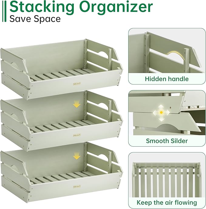 HABAU Wood Potato Onion Storage Bins - Wooden Stackable Produce Basket - Fruit Vegetable Storage for Kitchen Pantry Organization, Set 3 Pieces
