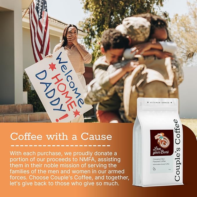 Couple’s Coffee Flavored Ground Coffee | Medium Roast Cinnamon Bun Flavored Coffee | Gives Back to Military Families | Love Your Buns | Made with 100% Arabica Beans | 12oz bag