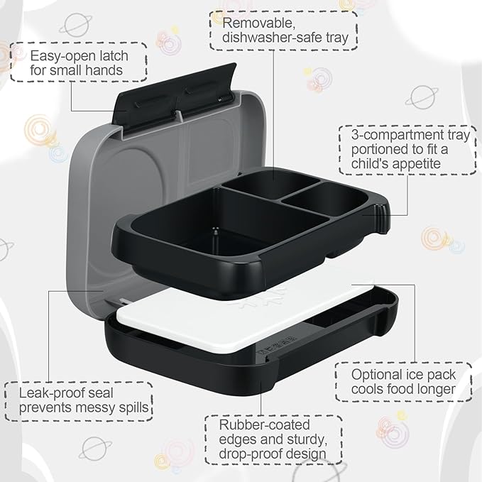 Bento Box for Kids,Kids Bento Lunch Box with Built-in Ice Pack for School,3 Compartments Leak Proof Lunch Container with Utensils for Girl Boy;BPA Free,Microwave & Dishwasher Safe, 44oz(Black)
