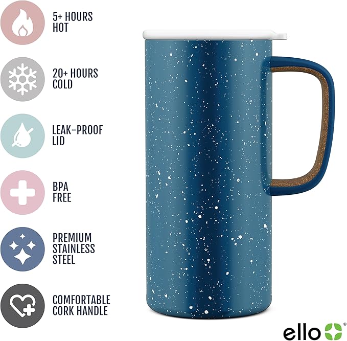 Ello Campy 18oz Stainless Steel Travel Mug with Handle and Leak Proof Lid | Vacuum Insulated Coffee Cup for Hot or Cold Drinks | Reusable, BPA Free | Gift for Coffee Lovers, Sea