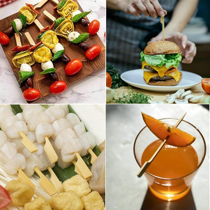 200 Pcs Bamboo Skewers for Appetizers, 4.7 Inch Toothpicks with Storage Box, Cocktail Picks for Drinks, Fruit Kababs, Sausage, Barbecue Snacks, Fondue, Natural Wooden Paddle Skewer Mini Food