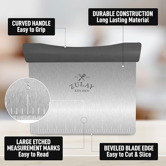 Zulay Premium Multi-purpose Stainless Steel Bench Scraper & Chopper, Easy to Read Etched Markings for Perfect Cuts, Quick & Easy Multi-use Dough Scraper, Dough Cutter & Pastry Scraper (Gray)