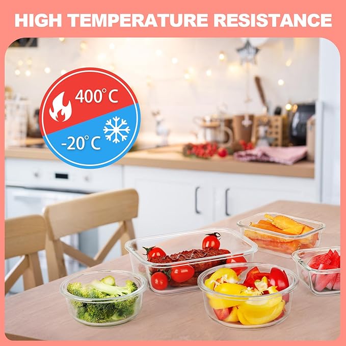 Skroam 12 Pack Glass Food Storage Containers with Lids, Meal Prep, Pantry Kitchen Storage Containers for Lunch, Leak Proof, Airtight Glass Lunch Bento Boxes for Microwave, Oven, Freezer, Pink