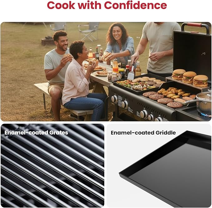 Griddle Grill Combo with Side Burner, 702 SQ.IN Cooking Space, 5 Burners Propane BBQ Grills of 50,000 BTU, Non-Stick Enamel Grate, Heavy-Duty Stand for Backyard BBQ & Outdoor Cooking