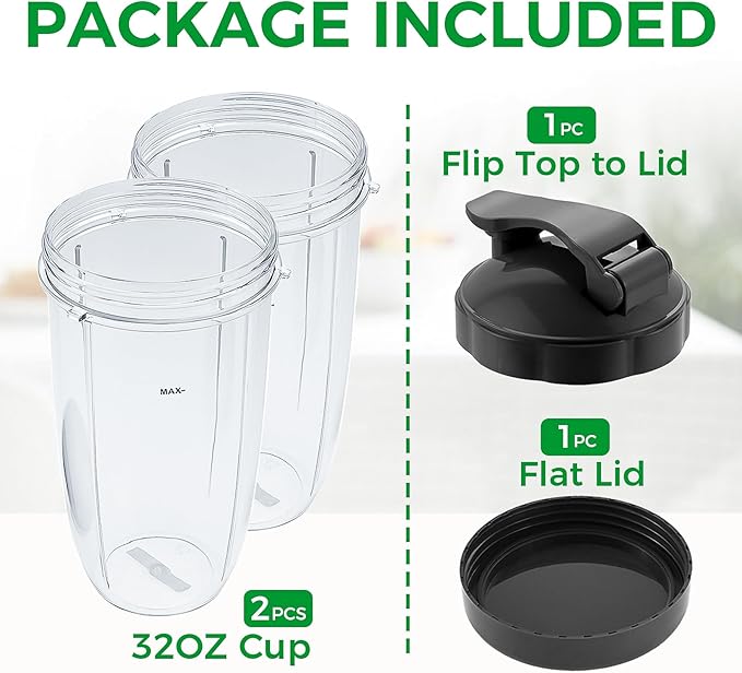 Replacement Blender 32oz Cups with Flip-Top To-Go-Lid & Flat Lid Compatible with Nutribullet Pro 900w/ 600w Models