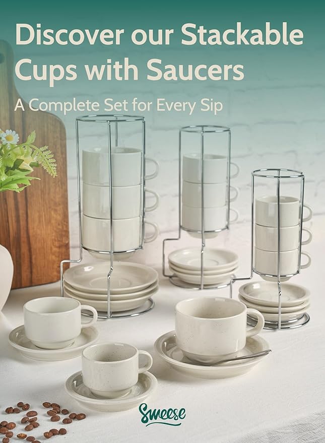 Sweese Porcelain Espresso Cups Set, 2.5 oz, with Saucers, Metal Stand, Stackable - Dove Grey, 4 Pack