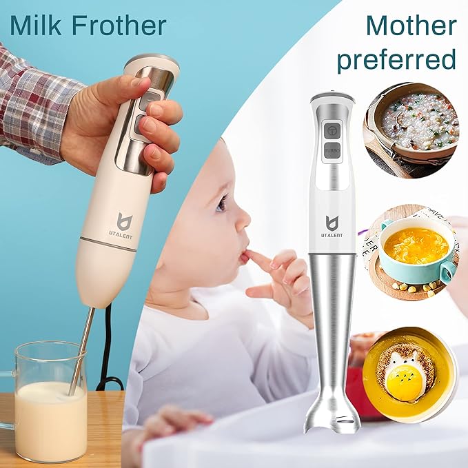 Immersion Hand Blender, UTALENT 5-in-1 8-Speed Immersion Blender with 500ml Food Grinder, 600ml Container,Milk Frother,Egg Whisk,Puree Infant Food, Smoothies, Sauces and Soups - White