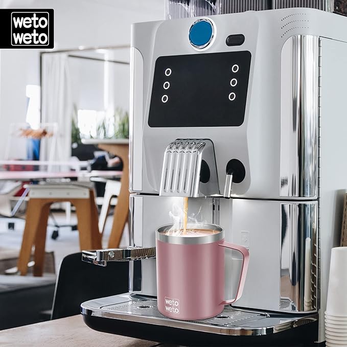 WETOWETO 14 oz Coffee Mug, Vacuum Insulated Camping Mug with Lid, Double Wall Stainless Steel Travel Tumbler Cup, Coffee Mugs Outdoor, Powder Coated Rose Gold Set of 2