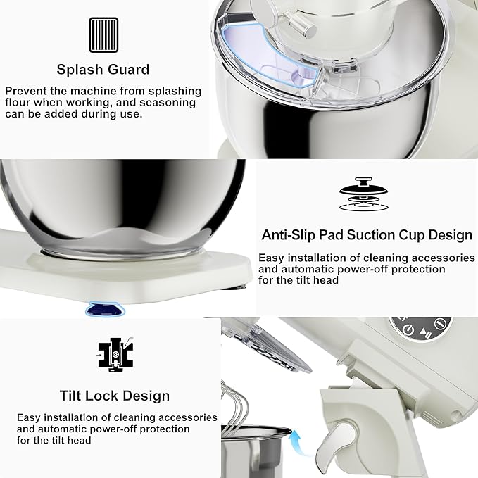 8.45 QT All Metal Dough Mixer,10 Speed Large Capacity Kitchen Stand Mixer with Digital Timer & Tilt-Head, Electric Mixer with Whisk Dough Hook Mixing Beater for Baking,Cakes,Cookie,Bread,Salad(White)