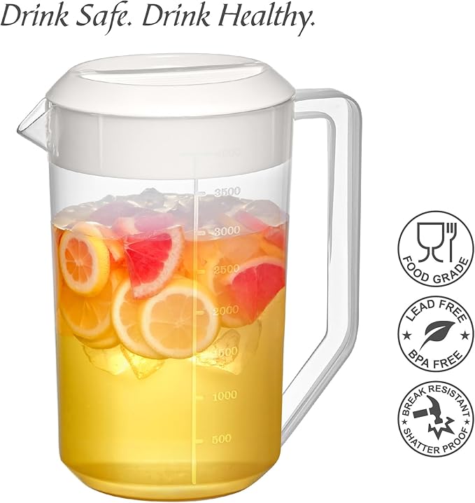 Amazing Abby - Kitchen Party - 4-Quart Plastic Pitcher (1-Pack), Unbreakable Water Pitcher with Lid, BPA-Free, Heat-Resistant, Dishwasher-Safe, Great for Both Iced and Hot Drinks, Indoors and Outdoors