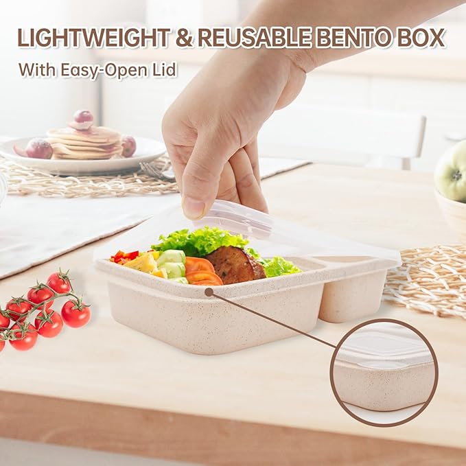4 pack Bento Lunch Box, 2 Compartments Meal-Prep Containers with Lids, Microwave & Dishwasher Safe, Reusable Divided Food Food Storage Containers -Stackable for Travel, School and Work