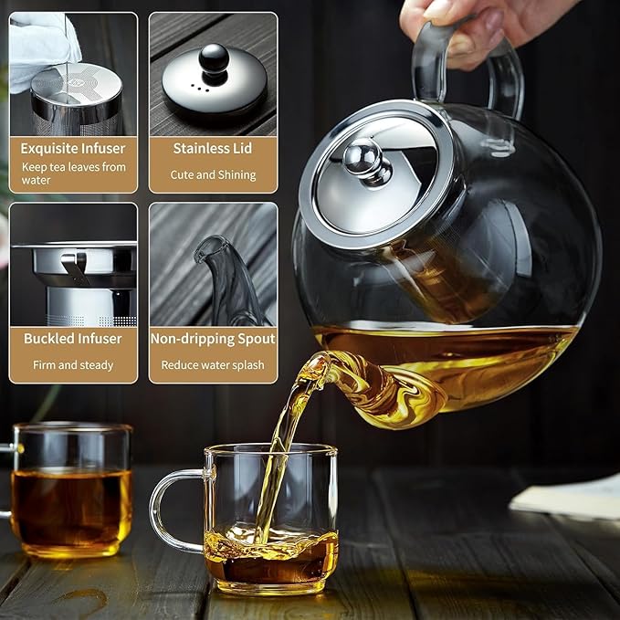 40OZ (1200ML) Glass Teapot with Infuser Stovetop Safe, Clear Glass Tea Pot Kettle, Borosilicate Tea Pot with Infusers Filter for Loose Tea, Tea Kettle Dishwasher Safe (Black)