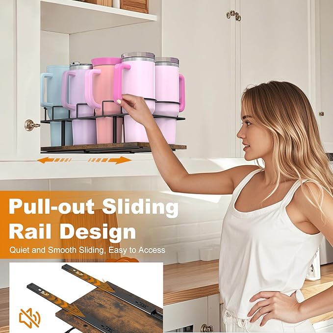 Housolution Pull Out Water Bottle Organizer for Cabinet, Slide Out Tumbler Storage Organizer for 10 to 40 oz Cups, Sliding Cup Holder Rack Compatible with Stanley, Owala and Other Brands (Patented)