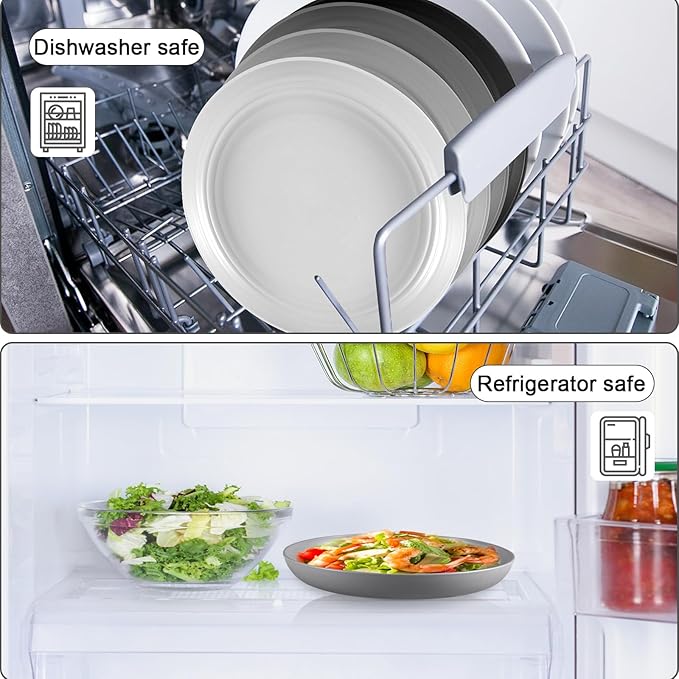 12 Pcs Unbreakable Deep Dinner Plates Set, 10 inch Reusable Plastic Wheat Straw Plates, Microwave and Dishwasher Safe Plate for Kitchen, Lightweight Plate for Dessert, BPA Free, Black