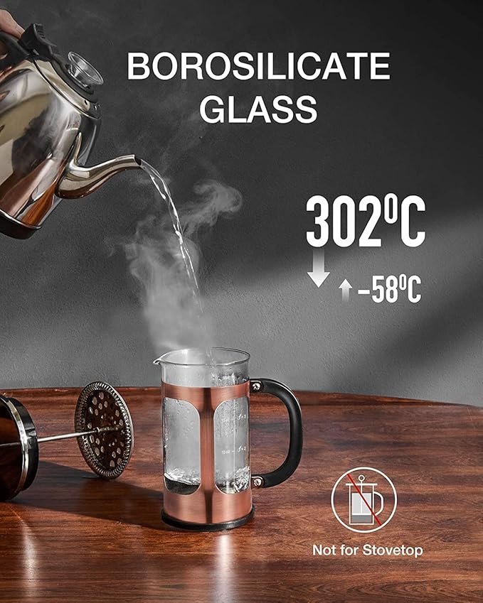 BAYKA 21 Ounce 0.6 Liter French Press Coffee Tea Maker Small, Heat Resistant Thickened Borosilicate Glass Stainless Steel Single Serve Brewer, Cold Brew Cafetera Teapot, Copper