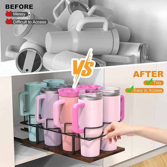 Housolution 2 Pack Pull Out Water Bottle Organizer for Cabinet, Slide Out Tumbler Storage Organizer for 10 to 40 oz Cups, Sliding Cup Holder Rack Compatible with Stanley and Other Brands (Patented)