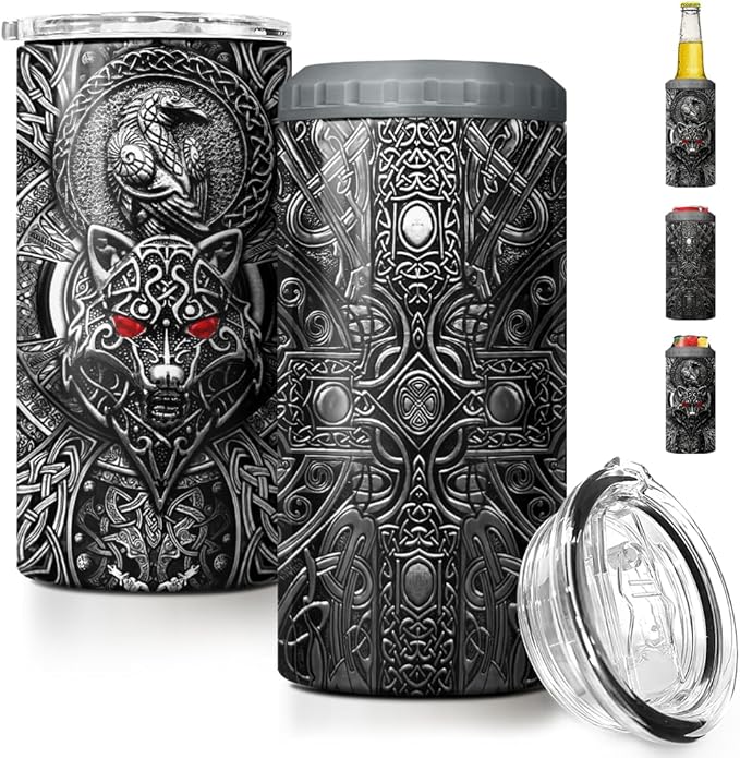 SANDJEST Wolf Tumbler Raven Viking 4 in 1 12oz Tumbler Can Cooler Coozie Skinny Stainless Steel Tumbler Gift for Men Dad Son Father Husband Christmas Birthday