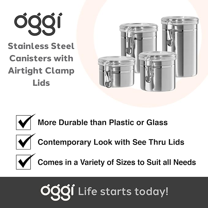 Oggi Set of 4 Stainless Steel Kitchen Canisters - Airtight Clamp Lid, Clear See-Thru Top - Ideal for Kitchen Storage, Food Storage, Pantry Storage - Includes 1 each: 26oz, 36oz, 47oz, 62oz.